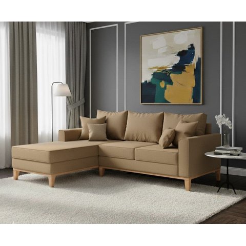 Sofá Beny com Chaise Esquerda, 3 Lugares, Estofado em Linho, Base em Madeira, 1,40x2,00m.