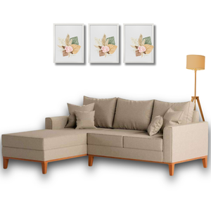 Sofá Beny com Chaise Esquerda, 3 Lugares, Estofado em Linho, Base em Madeira, 1,40x2,00m (bege)