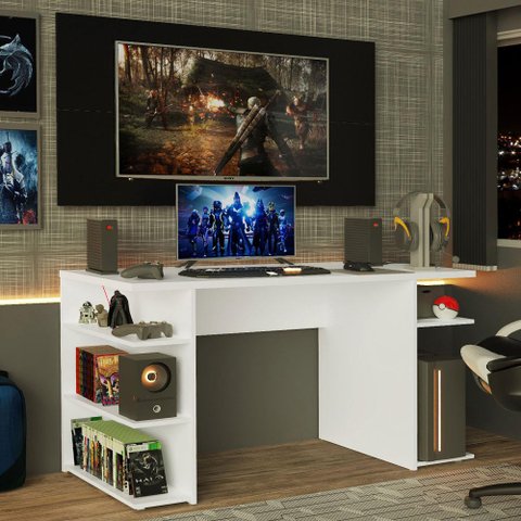 Mesa para Computador Gamer e Painel para Tv até 50 Madesa - Branco/preto