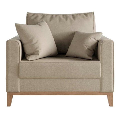 Poltrona Decorativa Benny Bege Pés e Base de Madeira Sala Escritório Recepção Linho