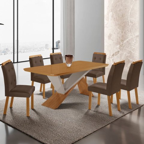 Mesa de Jantar Yasmin 180cm Tampo Mdf Laminado Canto Copo com 6 Cadeiras Carol