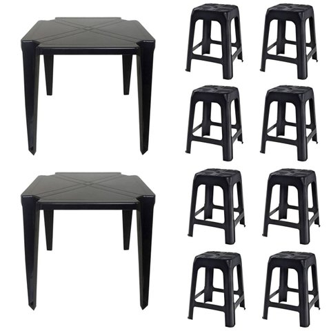 2 Mesas Quadradas Plástico Monobloco 70cm Preta + 8 Banquetas Empilháveis