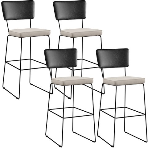 Kit 04 Banquetas Altas Cozinha Sala Jantar Fixa Allana L02 Couríssimo Preto Linho Cru - Lyam Decor