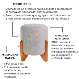 Puff Decorativo Redondo com Pés de Madeira Maciça Linho Piave - 4