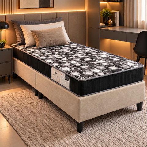 Kit Cama Box Dobrável Solteiro com Colchão Safira D20:Bege/Colorido