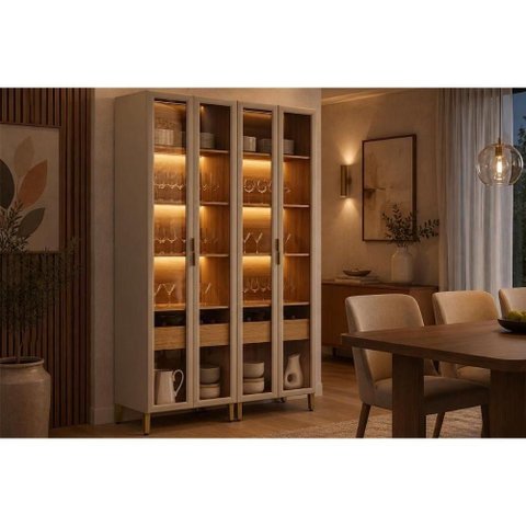 Cristaleira Allure LED Reflecta 4 Portas 8 Prateleiras MDF com Iluminação LED Cinza Linea Brasil