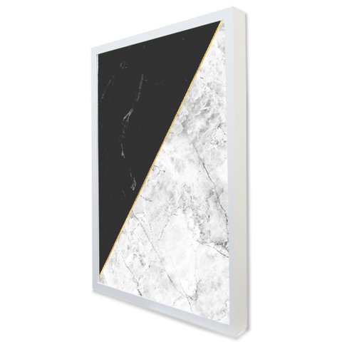 Quadro Decorativo Caixa Geométrico Mármore Branco e Preto Tacolado Moldura Caixa Alta 4,5cm Branca C
