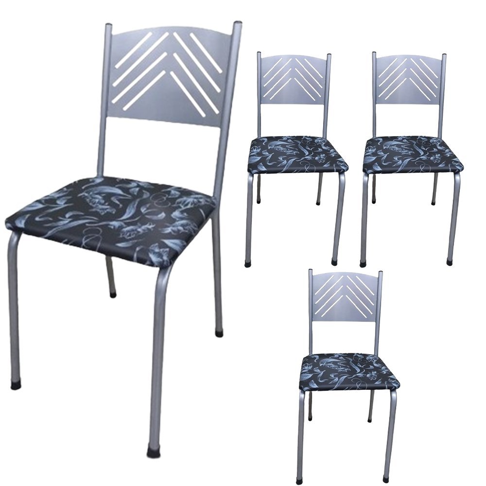 Kit 4 Cadeira Prata para Cozinha Jantar com Assento Floral Medcombo