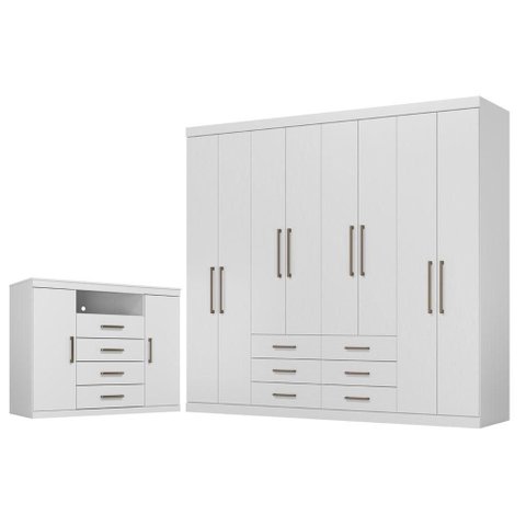 Guarda Roupa Casal 8 Portas 6 Gavetas Master e Cômoda Havana Master Branco Brilho - Santos Andirá