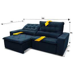 Sofá Retrátil/Reclinável Islândia 3,00m Suede Velut Azul Marinho c/ Molas no Assento - King House - 3
