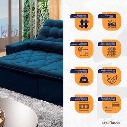 Sofá Retrátil/Reclinável Islândia 3,00m Suede Velut Azul Marinho c/ Molas no Assento - King House - 6