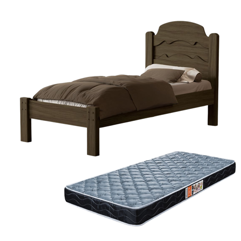 Cama de Solteiro para Quarto Mdf Clássica Iris Tradicional com Colchão 188x88cm:castanho