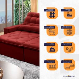 Sofá Retrátil/Reclinável Islândia 3,00m Suede Velut Vermelho c/ Molas no Assento - King House - 6