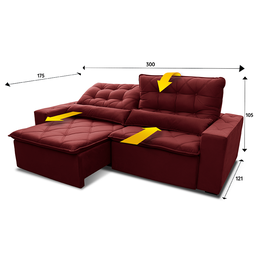 Sofá Retrátil/Reclinável Islândia 3,00m Suede Velut Vermelho c/ Molas no Assento - King House - 3