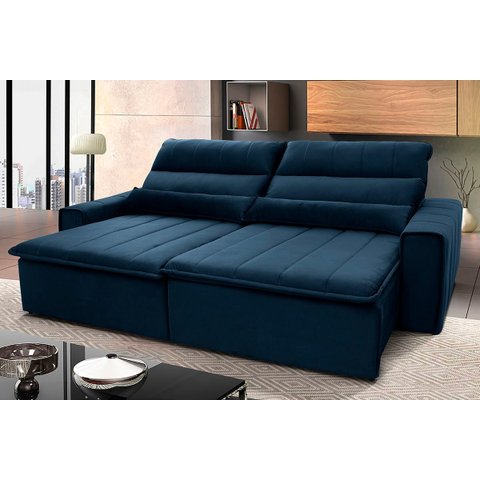 Sofá Retrátil/Reclinável Patagônia 2,50m Suede Velut Azul Marinho c/ Molas no Assento - King House