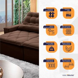 Sofá Retrátil/Reclinável Islândia 3,00m Suede Velut Marrom c/ Molas no Assento - King House - 6