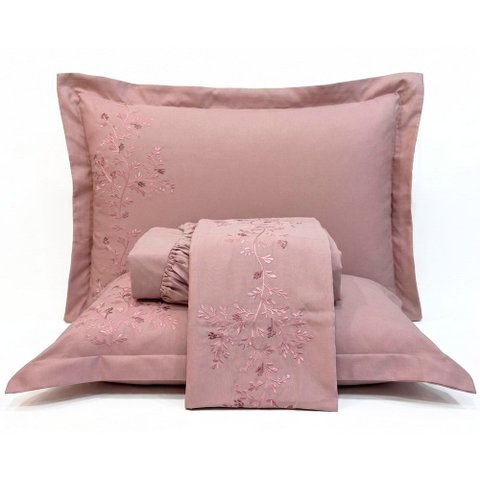Jogo de Cama Lençol Queen Nuance Micropercal 300 Fios Malva Bordado Floral 4 Peças
