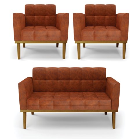 Conjunto 2 Poltronas e 1 Namoradeira Decorativa Karen Pés Fixo em Madeira Castanho Pu Nozes G19 - Gr