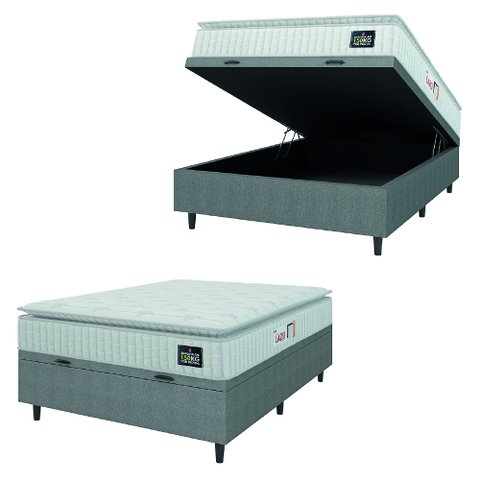 Cama Box Baú Colchão Casal Espuma D45 Lazio Pillow Top 138x188x70cm Branco / Cinza Hellen