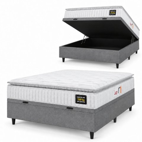 Cama Box Baú Colchão Casal Espuma D45 Lazio Pillow Top 138x188x70cm Branco / Cinza Hellen