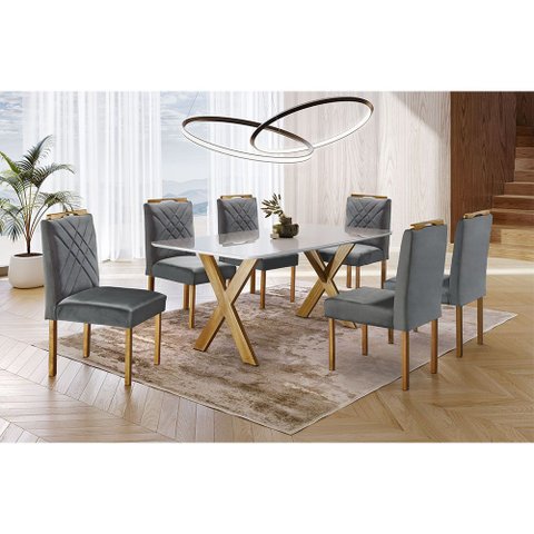 Conjunto Sala de Jantar 6 Lugares Mesa Munique Tampo Vidro e Cadeiras Madeira Maciça Imperial Móveis