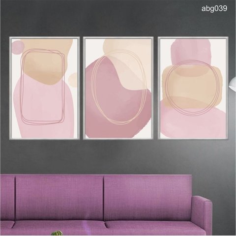 Kit 03 Quadros Decorativos Abstrato Geometrico Aquarela Rosa Abg039 Vidro Impresso 60x80cm Cada