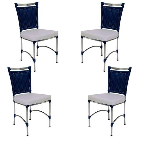 4 Cadeiras em Alumínio e Fibra Sintética Jk Cozinha Edícula Azul Dark e Branco Desenhado