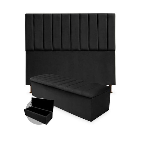 Kit Cabeceira + Calçadeira Baú Cancun Casal 140cm Suede - Ecotec Decor:Preto