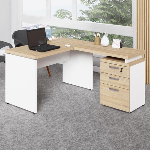Mesa em L 1,20m com Gaveteiro 3 Gavetas Pés Painel F5 Office Cor:macadâmia com Branco