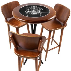 Conjunto Bistro para Varanda Pequena Alta com 3 Banquetas de Madeira e Azulejo - Familia e Amigos