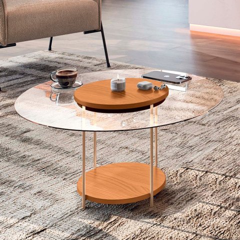 Mesa de Centro Redonda Tampo de Vidro Mindy H01 Cinamomo - Mpozenato
