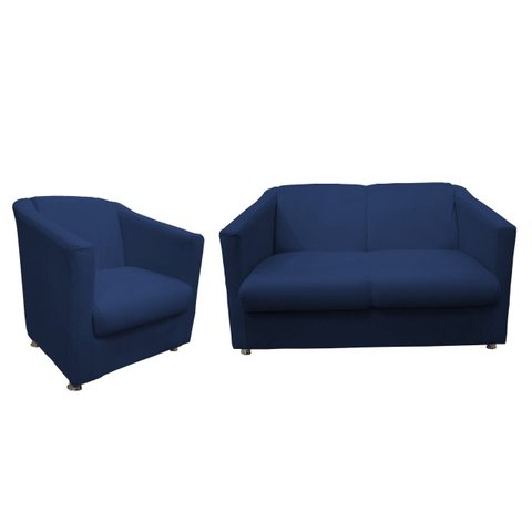 Kit Namoradeira + 1 Poltrona Decorativa Biane Suede Azul Marinho Pés Cromado Mz Decor