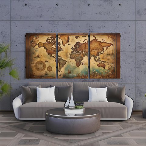 Kit 3 Quadro Decorativo Mapa Mundi Antigo Mundo Globo Brasil 28x20cm