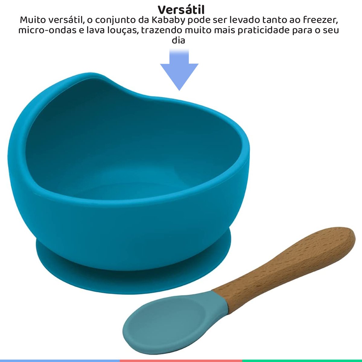 Kit Prato Infantil Bowl Fundo Com Ventosa e Colher de Silicone e Bambu Kababy - Azul - 4
