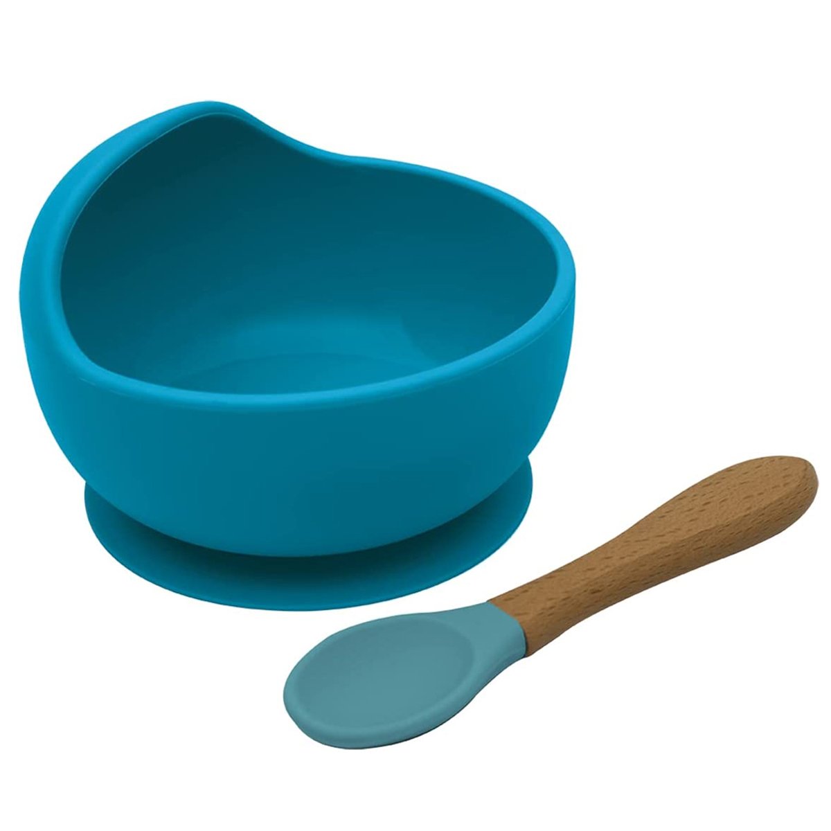 Kit Prato Infantil Bowl Fundo Com Ventosa e Colher de Silicone e Bambu Kababy - Azul