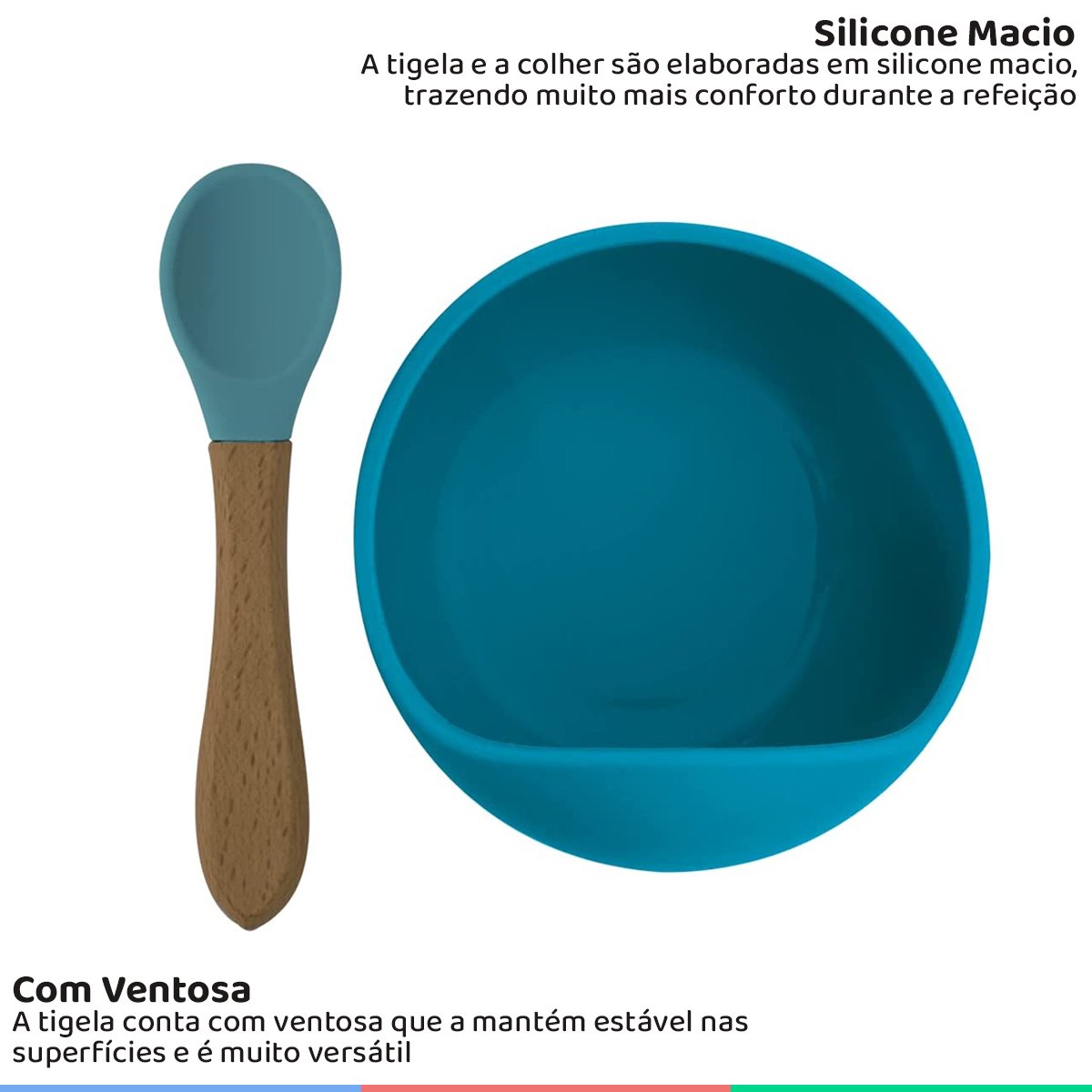 Kit Prato Infantil Bowl Fundo Com Ventosa e Colher de Silicone e Bambu Kababy - Azul - 2