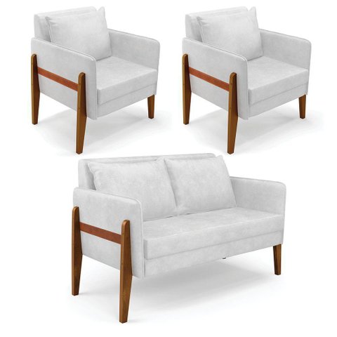 Kit 1 Sofá Namoradeira e 2 Poltronas Lana Corano Base de Madeira - D’Rossi Branco