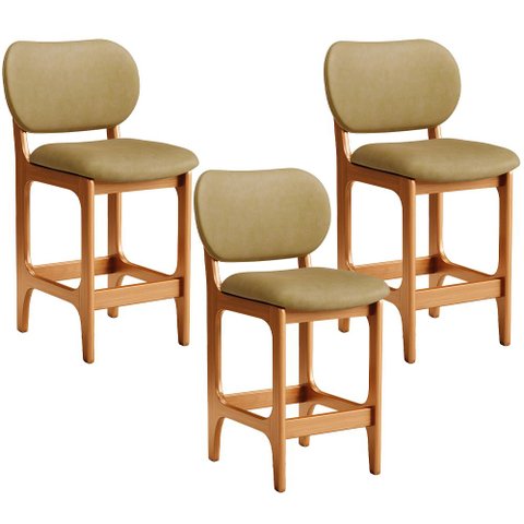 Kit 03 Banquetas Baixa Bar Cozinha e Sala de Jantar Fixa Betta L02 Imbuia Couríssimo Casco Fendi - L