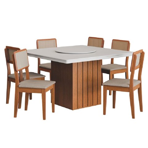 Conjunto Sala de Jantar Amsterdã New Mesa Tampo Giratório 6 Cadeiras Santiago Madeirado/Off White