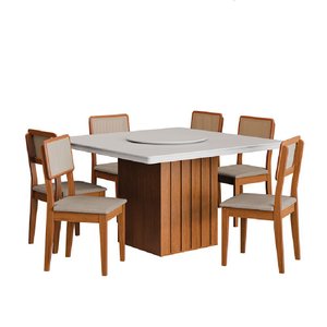 Conjunto Sala de Jantar Amsterdã New Mesa Tampo Giratório 6 Cadeiras Santiago Madeirado/off White