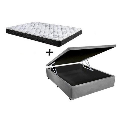 Cama Box Baú Casal Conforto Sintético Cinza + Colchão Casal Conforto Espuma D33 14x138x188