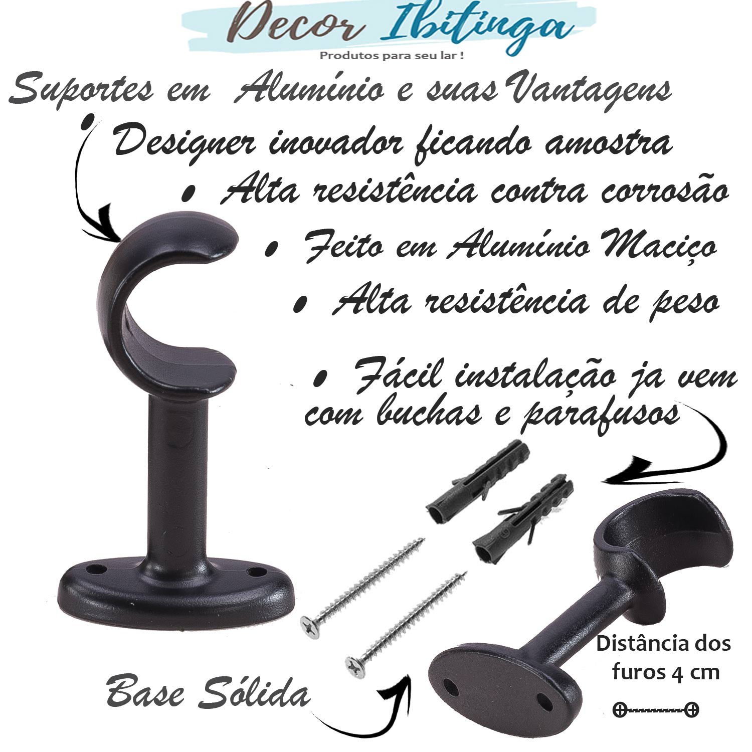 3 Suportes de Metal para Varão Cortina Simples 28 Mm Preto - 3