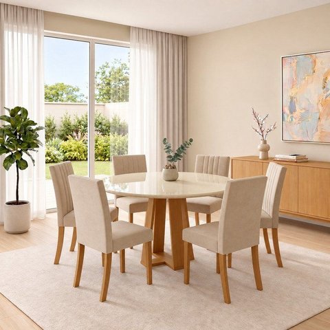 Conjunto Sala de Jantar Mesa Lisa 140cm com Tampo MDF e Vidro Redonda 6 Cadeiras Lily
