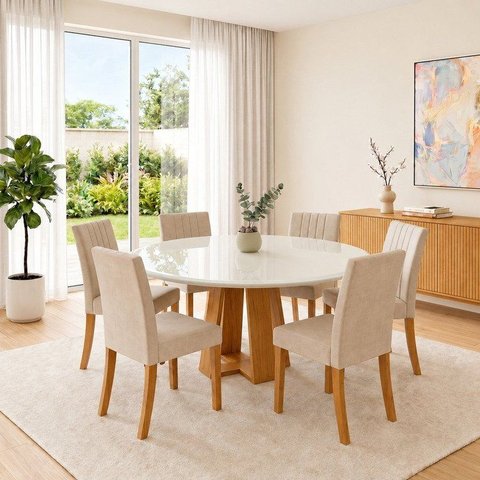 Conjunto Sala de Jantar Mesa Lisa 140cm com Tampo MDF e Vidro Redonda 6 Cadeiras Lily