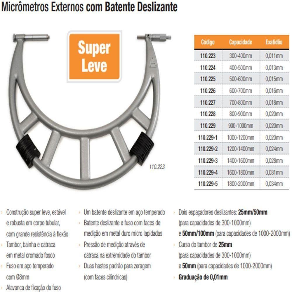 Micrômetro Externo com Batentes Deslizante - Cap. 400-500 Mm - Graduação de 0,01mm - Ref. 110.224 - 2