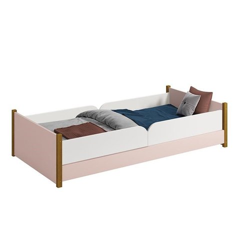 Cama Evolutiva Ravi Rosa Fosco com Pés Amadeirado e 2 Kits Proteção Lateral Lisa - Reller Móveis
