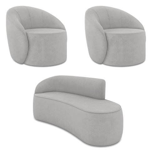 Sofá 4 Lugares Orgânico 220cm Morgan e 2 Poltronas Lua Suede Cinza D03 - D’Rossi