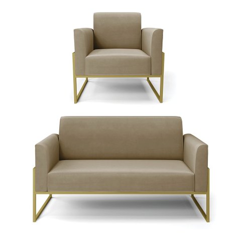 Sofá Namoradeira com Poltrona Base Industrial Alta Dourado Marisa Suede D03 - D’RossiMarrom 
