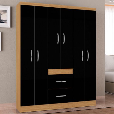 Guarda-Roupa Solteiro Milão 6 Portas 2 Gavetas Damasco/Preto - Poquema