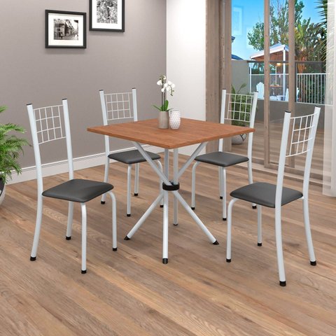 Conjunto de Mesa Tubular 70cm x 70cm Tampo em MDF com 4 Cadeiras Dany Branco/Preto Liso